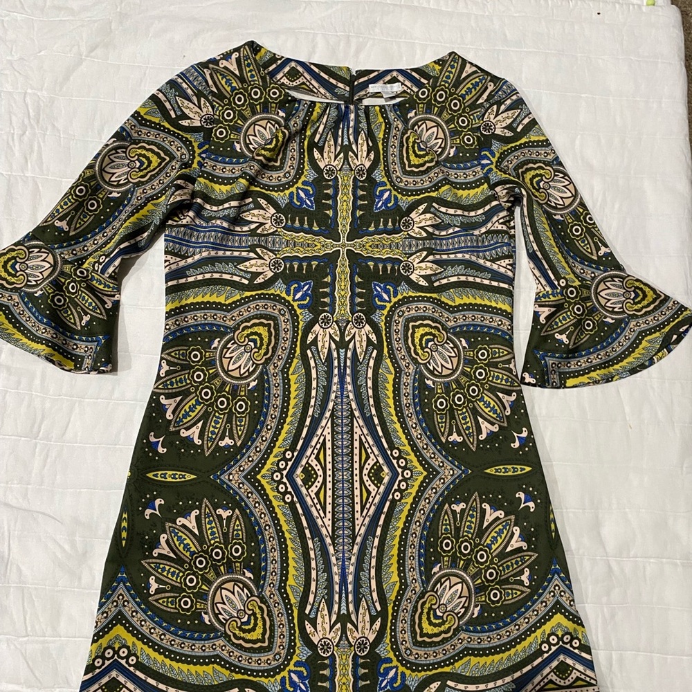 Olive Green Paisley-Print A-Line Dress